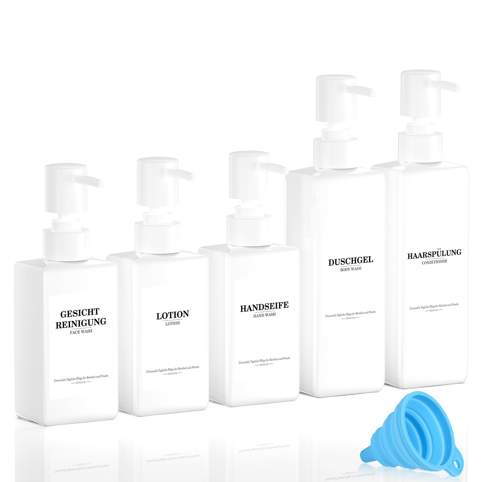 Set of 5 Reusable Shampoo Dispenser Bottles for Filling, 3 x 300 ml + 2 x 500 ml White Refill Bottles with Pump Dispenser