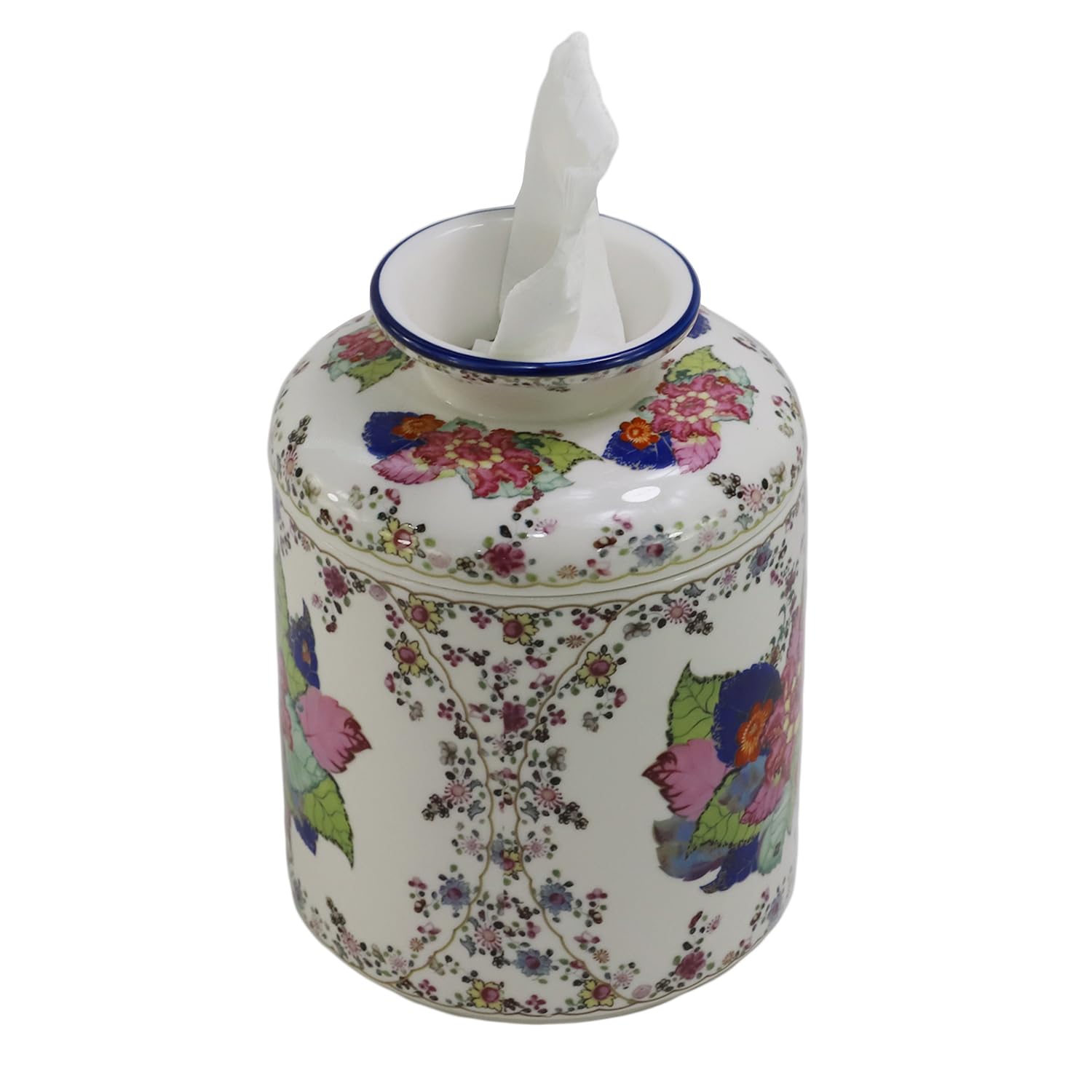 SYNWISH Tobacco Leaf Pattern Floral Round Porcelain Tissue Box Cover 6.7", Facial Tissue Holder Storage for Bathroom Vanity, Countertops, Dressers
