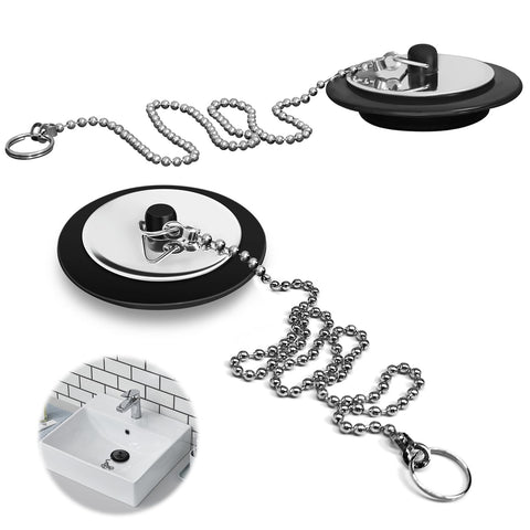QINCINA 2 Pcs Universal Sink Plug, Black Rubber, 43mm, 23mm, Kitchen & Bathroom Sink Plug Replacement, 40cm Stainless Steel Chain (2 Pack)