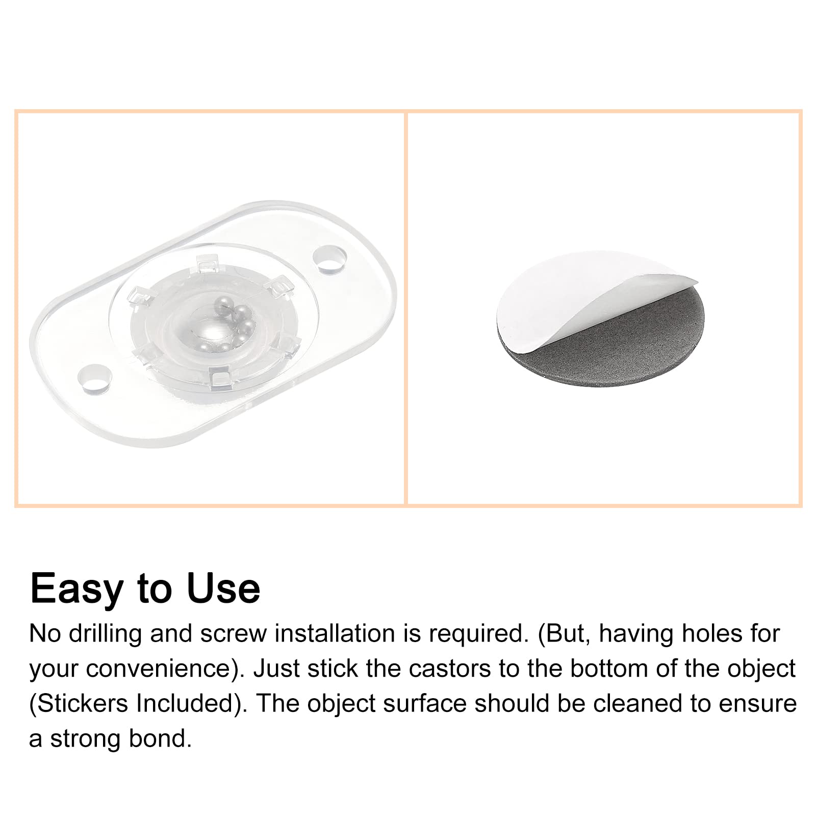 sourcing map Self Adhesive Caster Wheels, Mini Swivel Paste Universal Pulley for Bin Bottom, Trash Can, Electronic (Pack of 8 -Clear)