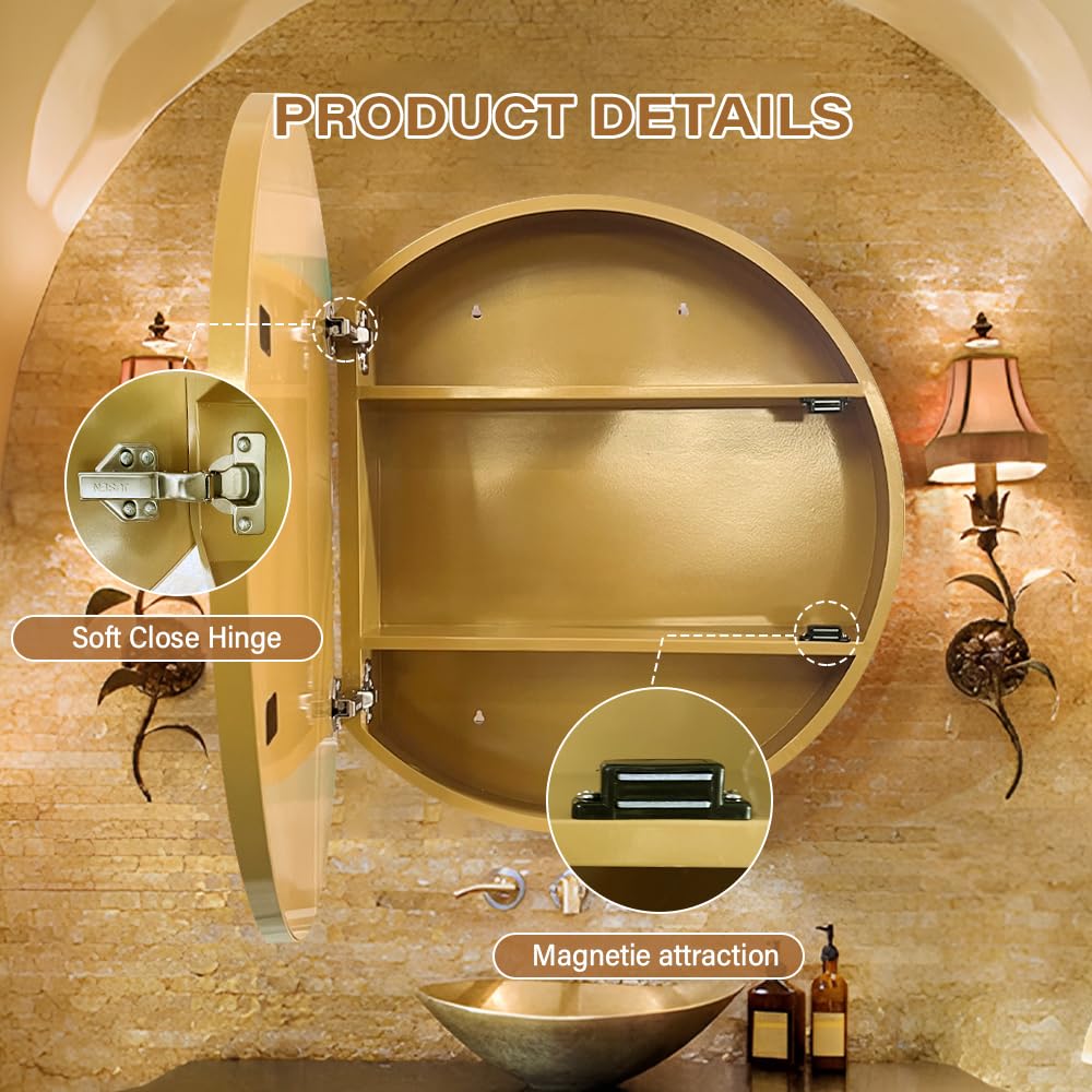Janboe 61cm Round Mirror Cabinet,Aluminum Framed,Soft Close Hinge,Gold