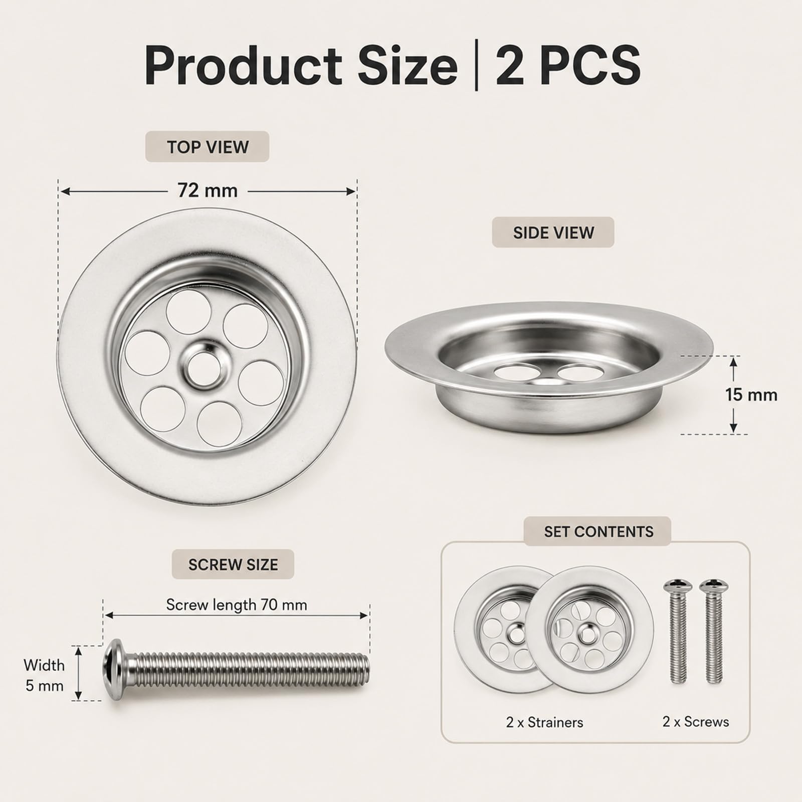 2 Pack 70mm Screw-In Sink Strainer Waste Baskets for Kitchen & Bathroom