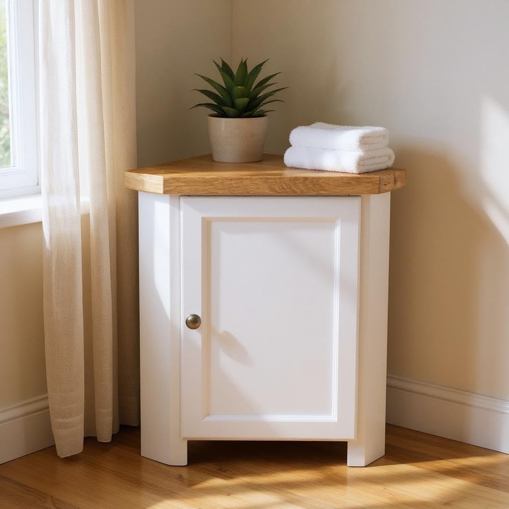 GROF Furniture Chunky Corner Unit, All White Painted Storage Cuboard, Triangle Unit Oak Top fit well in Livingroom, Bathroom & Hallway