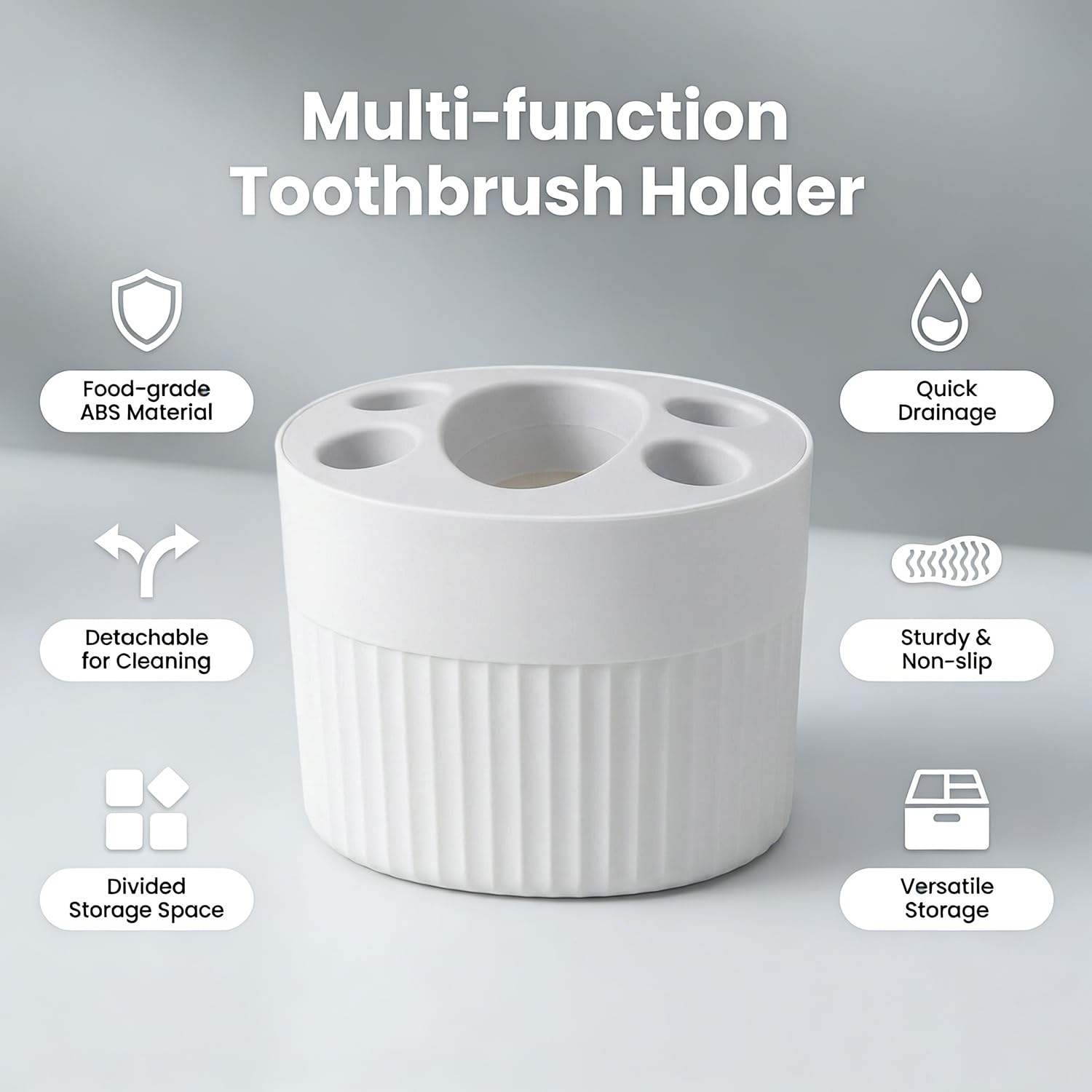 Toothbrush Holder for Bathroom Countertop, Multi-Slot Toothbrush Caddy with Drainage, Detachable Design, Non-Slip Base, Toothpaste Organizer