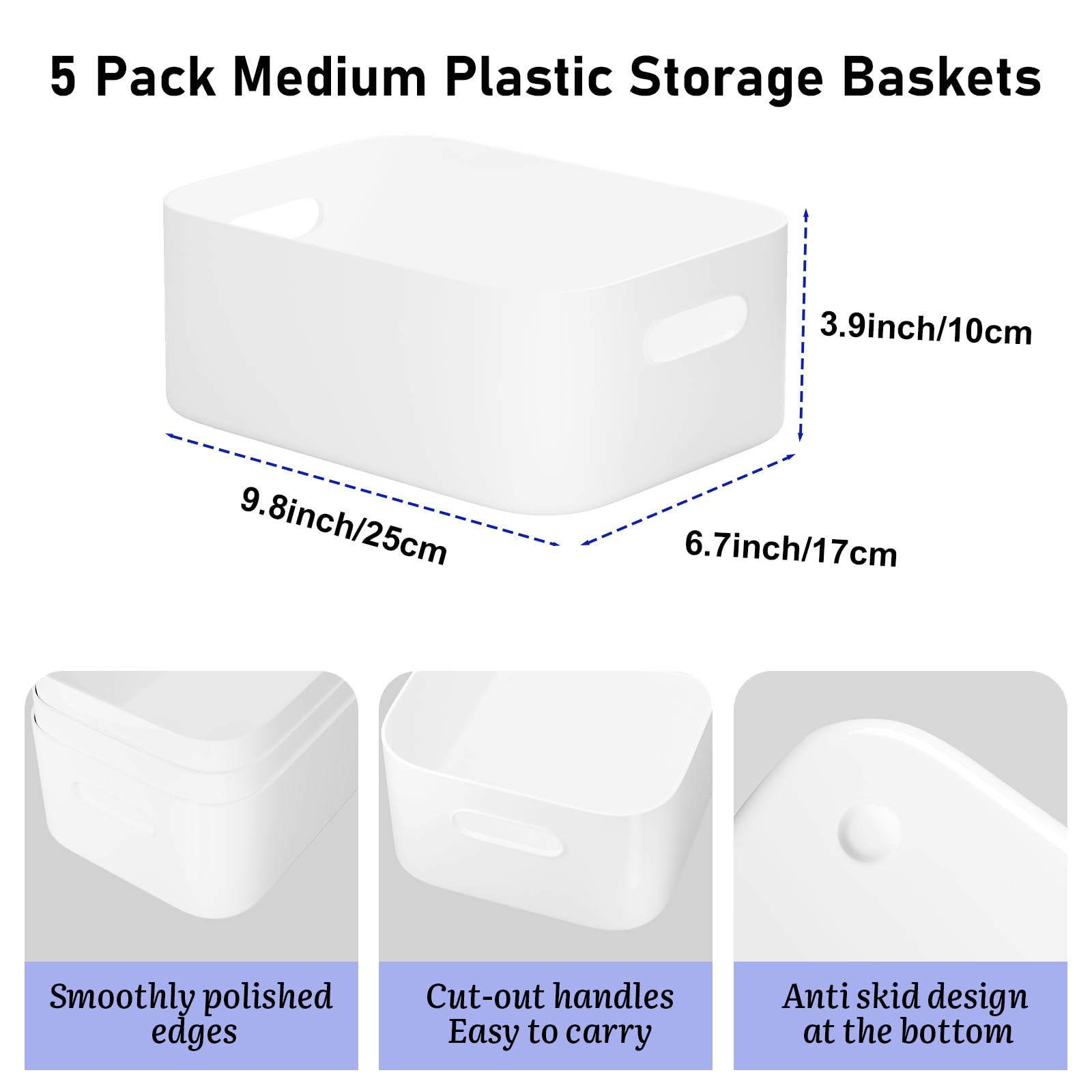 W&H 5 PCS White Plastic Storage Baskets with Handle, Medium Kitchen Cupboard Organiser Box, Storage Boxes for Shelves, Plastic Boxes for Bathroom