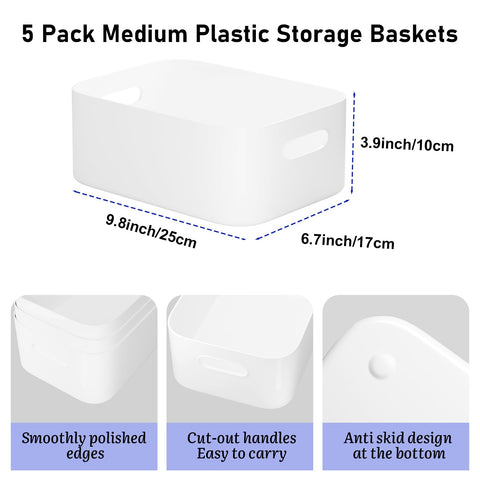 W&H 5 PCS White Plastic Storage Baskets with Handle, Medium Kitchen Cupboard Organiser Box, Storage Boxes for Shelves, Plastic Boxes for Bathroom