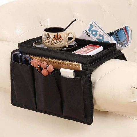 Sofa Armrest Organizer Candy Organizer with Tray & 5 Pockets, Foldable Couch Arm Rest Storage Bag Sofa Armchair Hanging Storage with Cup Holder for