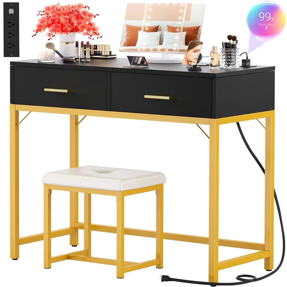 iSunirm 36 Inch Vanity Desk with Mirror and Drawers, Vanity Table and Stool, Dressing Table with Lights and Socket Strip for Bedroom, Black