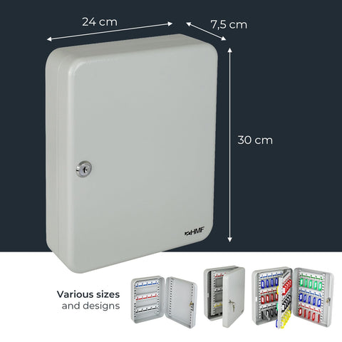 HMF Large Steel Key Cabinet, Lockable Key Storage Box for Hallway, Study or Garage | 60 Key Hooks | 30 x 24 x 7.5 cm | Light Grey