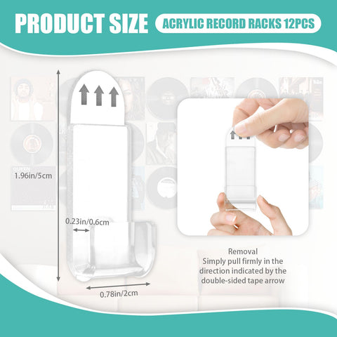 Huakaile 12 Pieces Acrylic Vinyl Record Wall Mount with Adhesive Tape, No Screw Record Display Shelf Storage Hangers