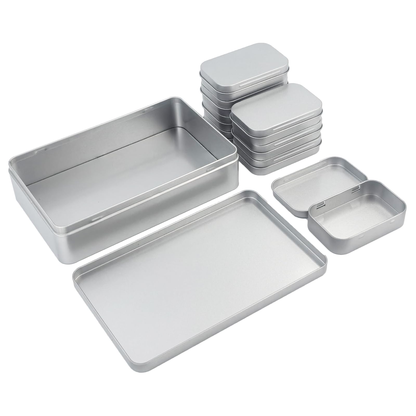 Goodma 9 Pack Mixed Sizes Rectangular Empty Tin Box Containers, Silver