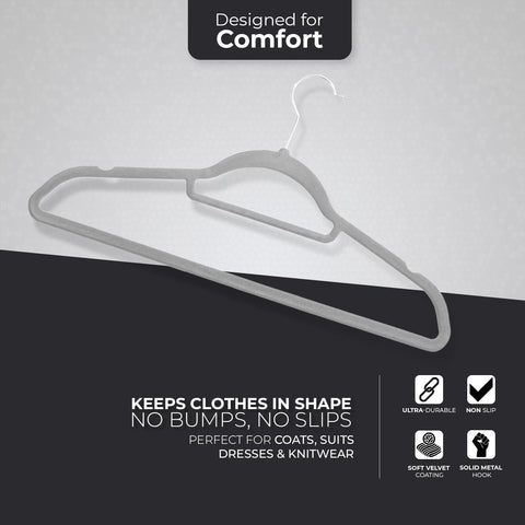 Roe Tenpo Coat Hangers, 20 Pack, Grey | Velvet Hangers for Clothes with Tie Bar & 360° Hook | Durable & Sturdy | Non-Slip