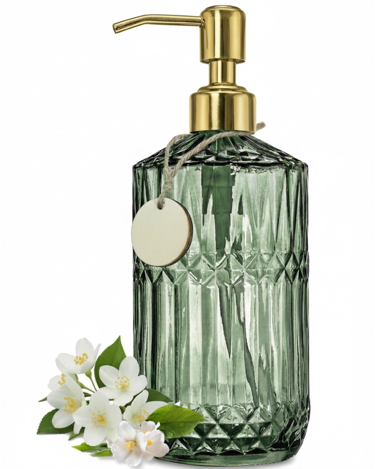 Gem Patterned Glass Soap Dispenser Bottle with Pump, 18Oz Refillable Liquid Hand Jar Dispenser for Bathroom, Countertop, Kitchen, Laundry Room (Green)