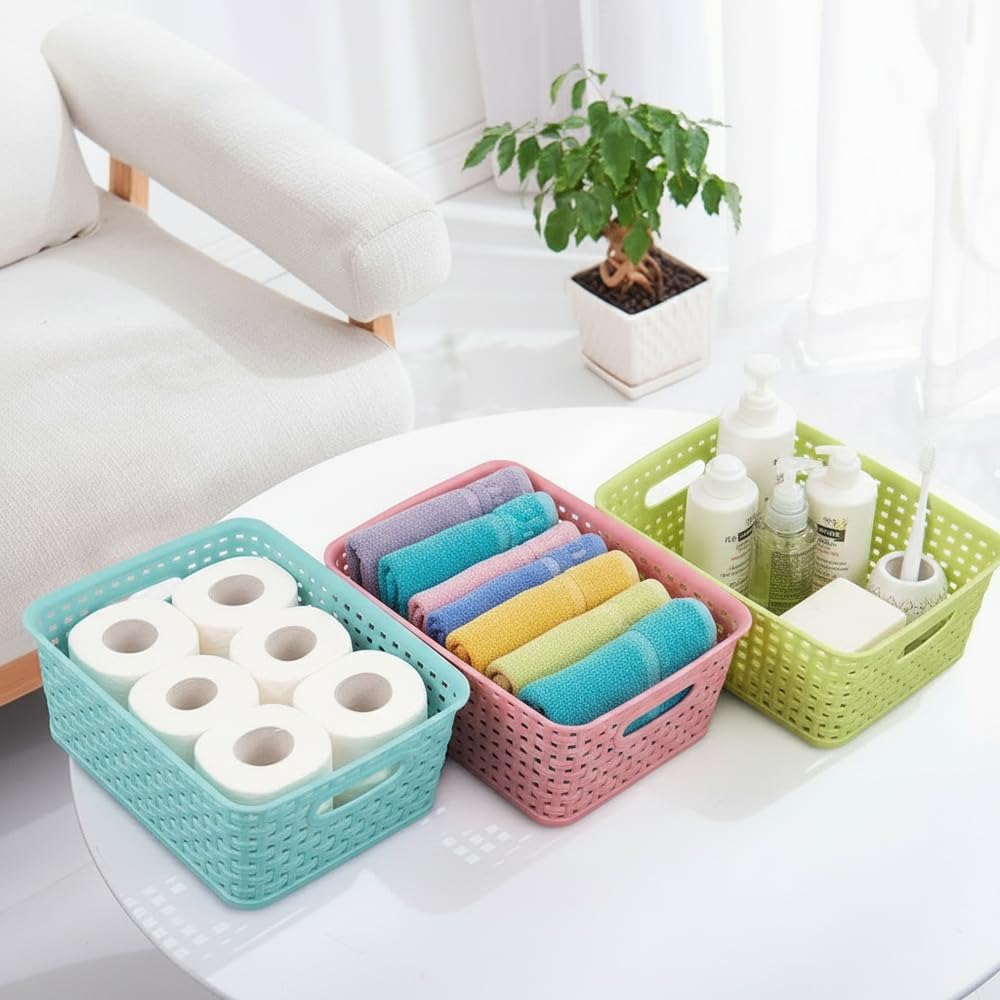 Rinboat Muti-Colour Rectangle Plastic Weave Storage Shelf Baskets, Pack of 6