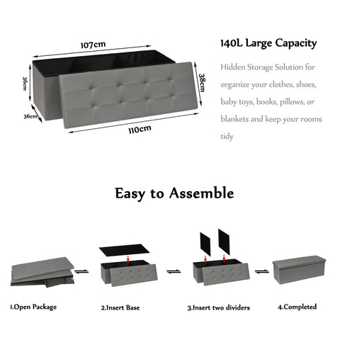 Bonlife ottoman Storage Boxes Bench Toy Box Chest Foldable Seat,End of Bed Bench,Faux Leather Foot Stool for Bedroom110x38x38cm(Light Grey)