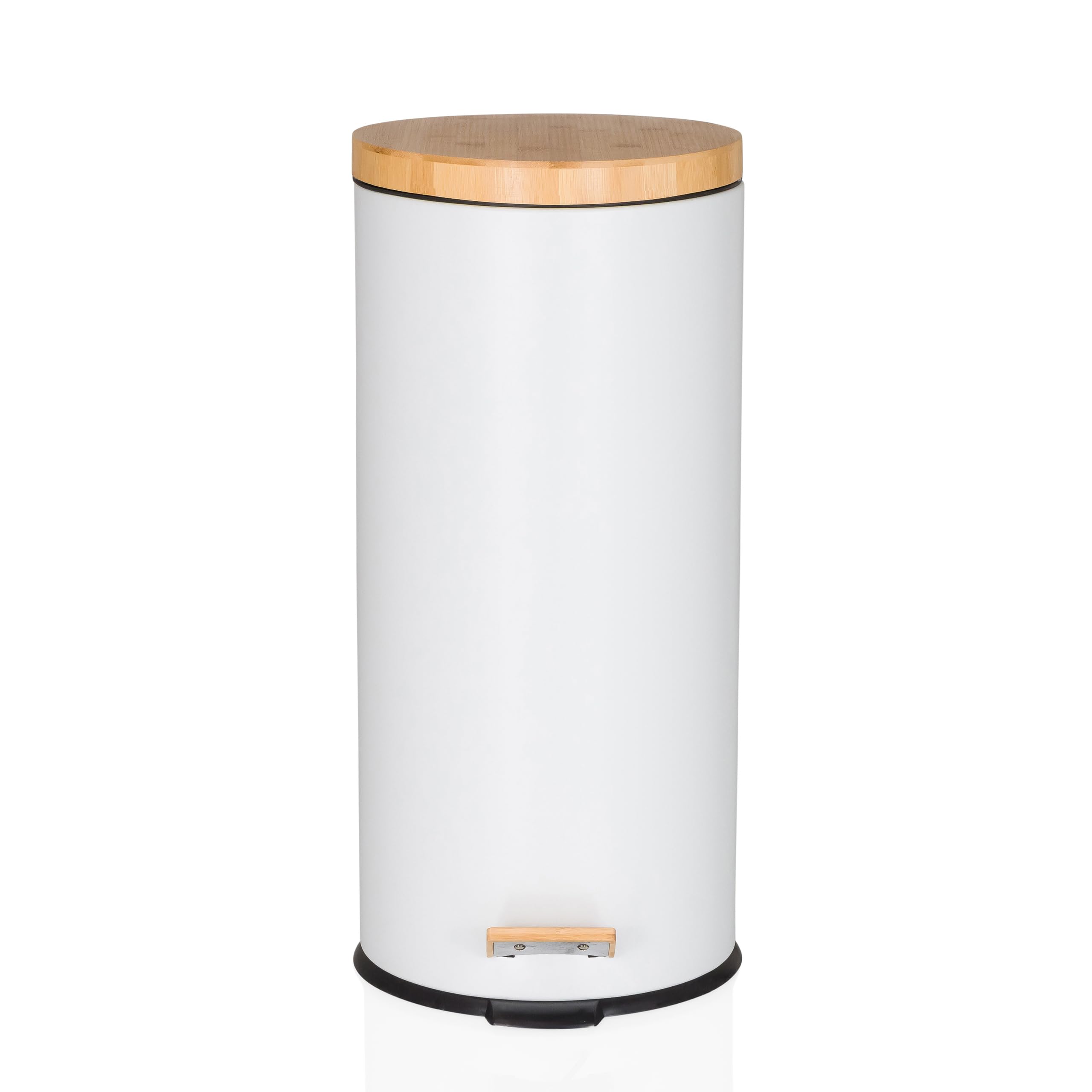 hjh OFFICE waste garbage can 30 liters, pedal bin with bamboo lid, softclose CLEAN BAMBOO metal waste garbage can with inner bin, white matt
