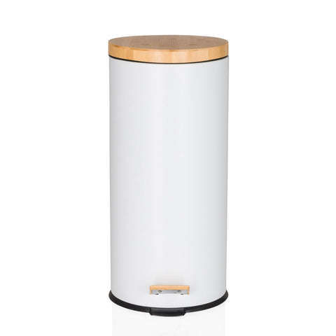 hjh OFFICE waste garbage can 30 liters, pedal bin with bamboo lid, softclose CLEAN BAMBOO metal waste garbage can with inner bin, white matt