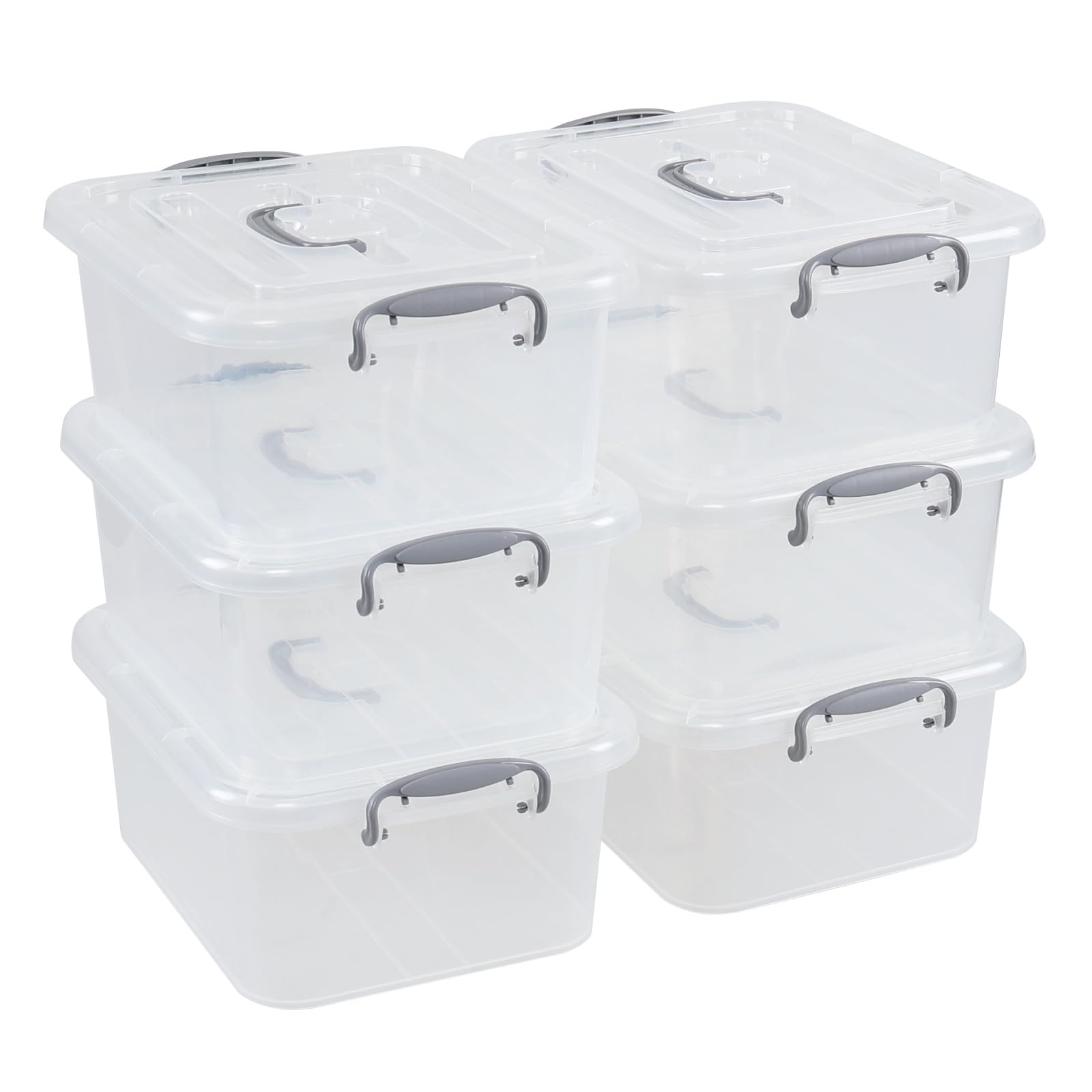 Lasbily 6-Pack Plastic Latching Box with Grey Handles, 8 L Clear Storage Box with Lid