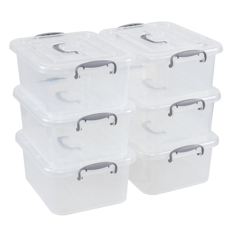 Lasbily 6-Pack Plastic Latching Box with Grey Handles, 8 L Clear Storage Box with Lid
