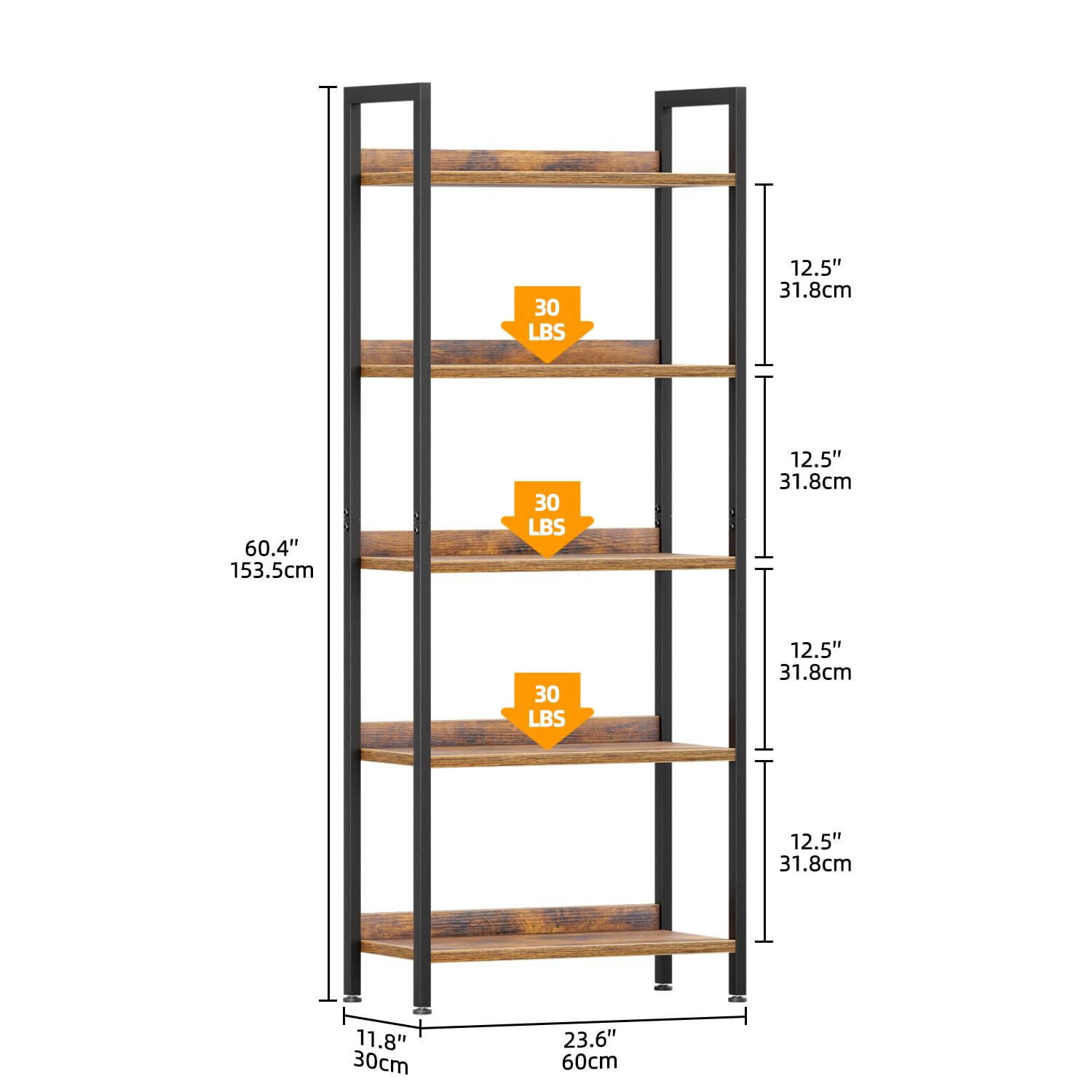 APPOLYN 5 Tier Bookshelf, Open-shelf Bookcase with Backboard, Rustic Brown