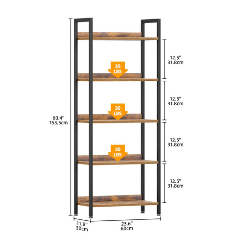 APPOLYN 5 Tier Bookshelf, Open-shelf Bookcase with Backboard, Rustic Brown