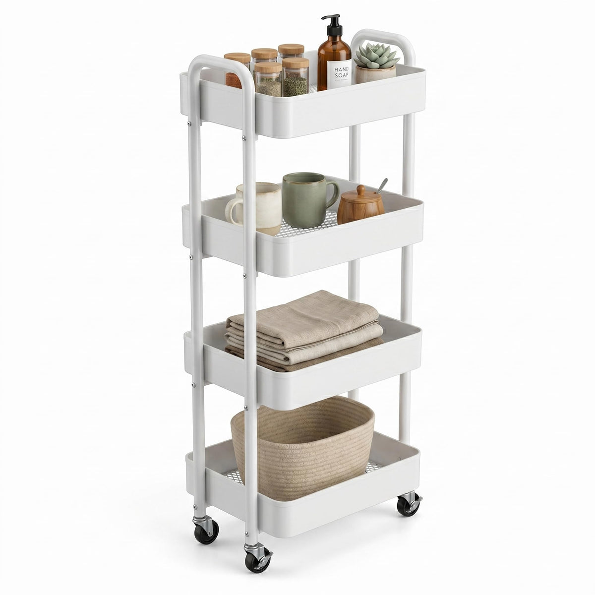 Heavy-Duty Iron Mesh 4-Tier Storage Rolling Cart Trolley Mobile Shelving Organiser with Swivel Wheels for Kitchen Bedroom Bathroom Laundry Office