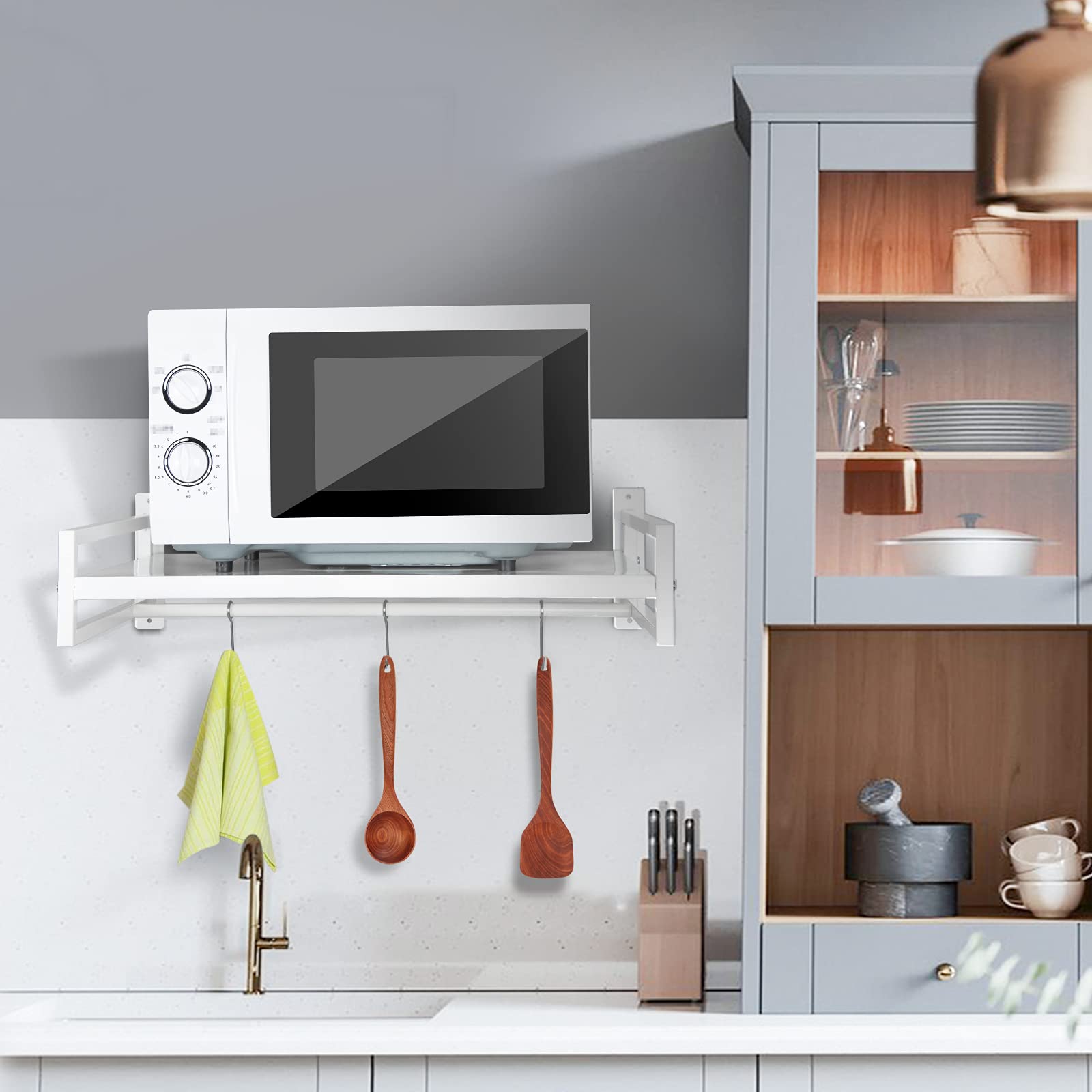 ABCOOL Wall Mount Microwave Oven Shelf Rack for Kitchen Home, Carbon Steel Counter Countertop Holder with Hook Rail and 3 Slidable Hooks