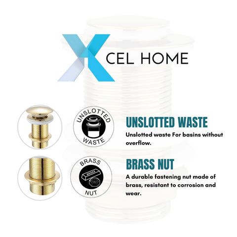 Gold Unslotted Dome Basin Waste with Brass Nut - Bathroom Sink Drain