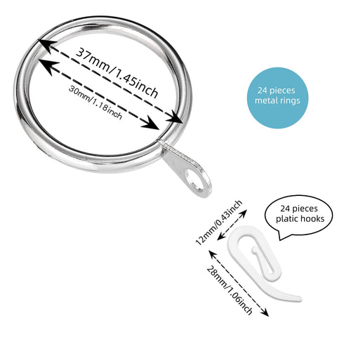 24 Pieces silver metal curtain rings and 24 Pieces white plastic Curtain Hooks for curtains (30mm internal diameter)