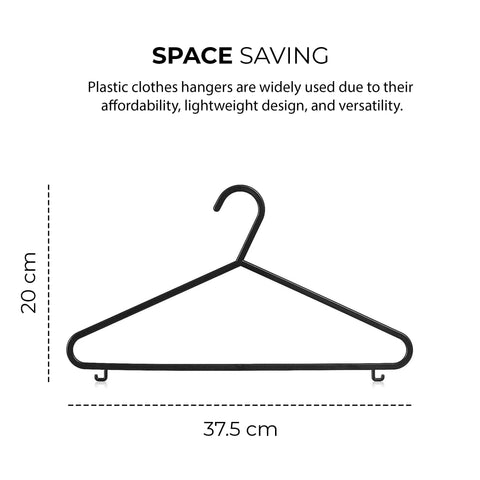 25pk Adult Plastic Coat Hangers, Black Colour Strong Clothes Hangers for Closet, Space Saving Hangers with Suit Pants Trouser Bar, and Strap Hooks