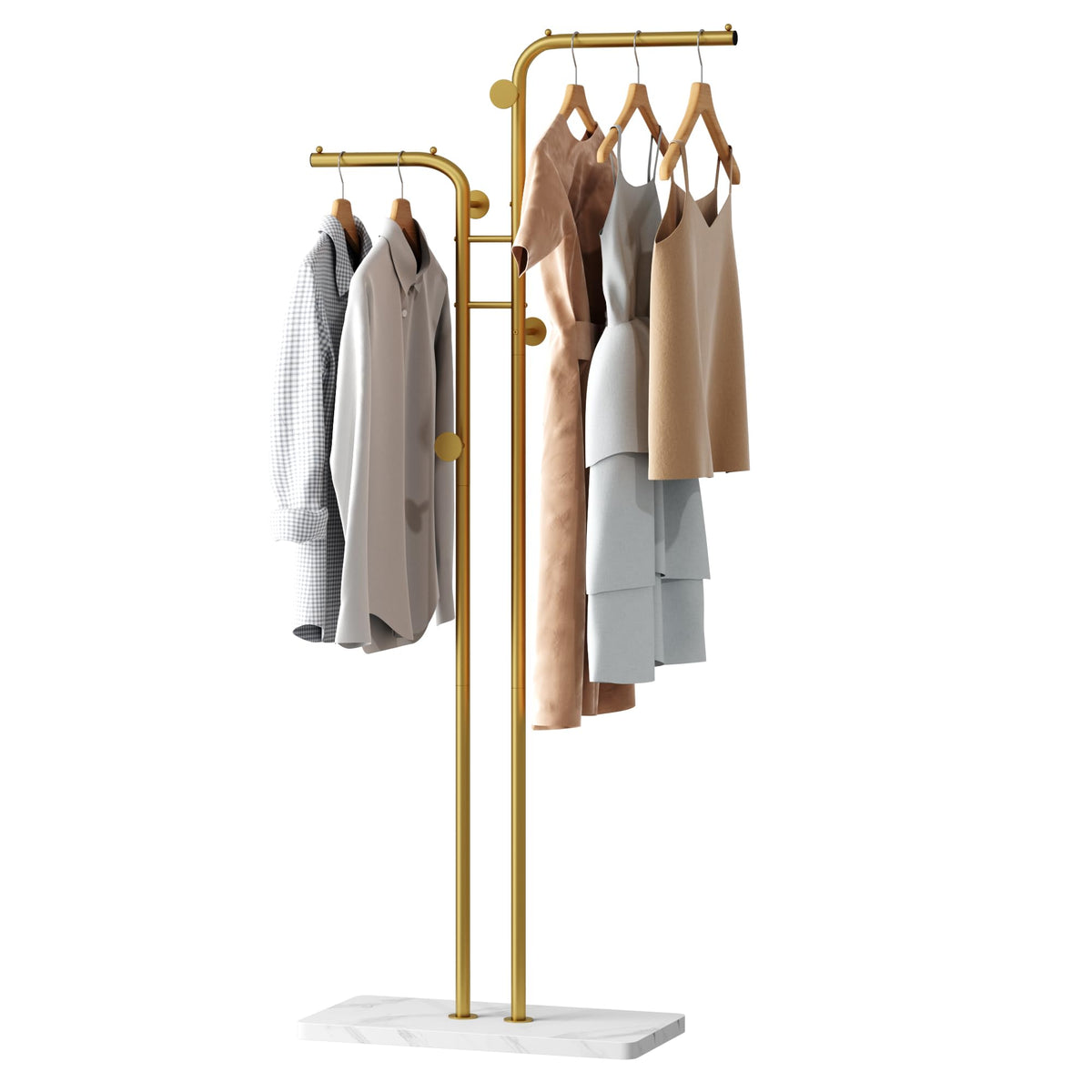 HOME BI Metal Coat Rack, Modern Coat Tree with 5 Hooks, Double-pole Clothes Hanger Stand, Freestanding Coat Rack for Entryway, Closet, Bedroom, Gold