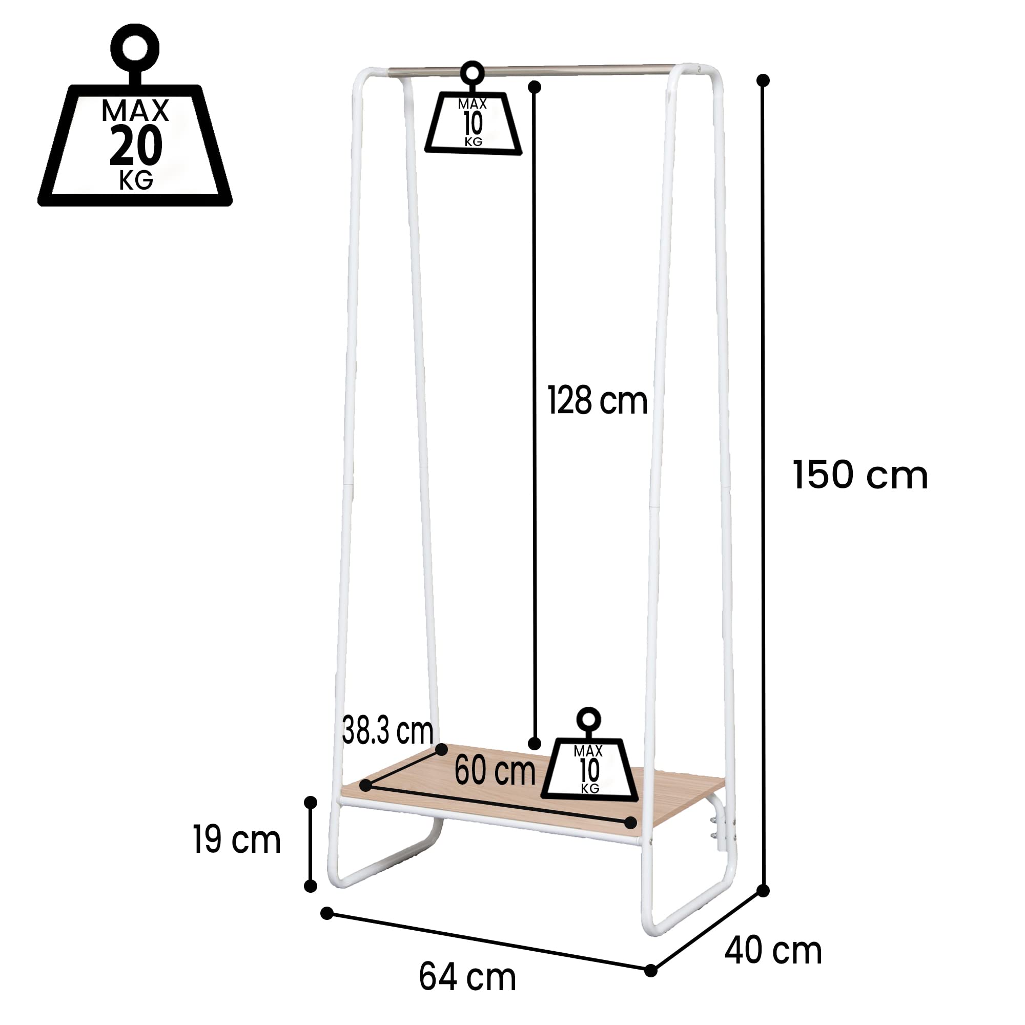 Iris Ohyama, Bedroom Storage, Large Metal Clothes Rack, Wardrobe with Shelf, Coat Rack, 1 Level, White, Dressing, Clothes & Shoes, Entrance