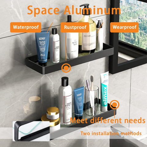 Biutimarden Bathroom Shelf Rectangular No Drilling Wall Mounted Tempered Glass Shower Caddy Space Aluminum Rustproof Storage Organizer for Bathroom