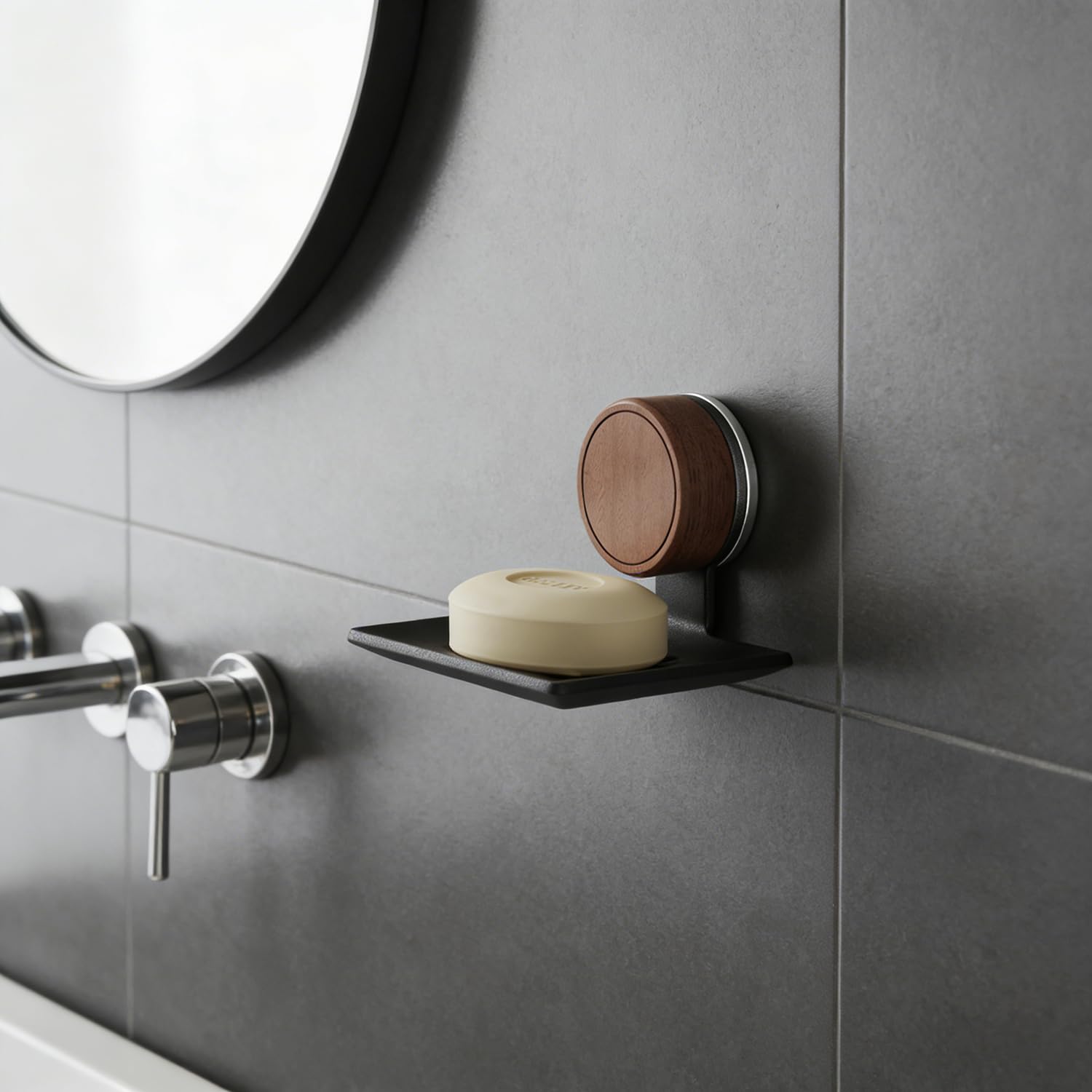 2-Pack Aluminium Soap Dish with Walnut Suction Cup - No Drill, Self-Draining with Holes, For Glass, Mirror & Metal (Bathroom & Kitchen)