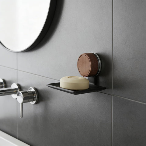 2-Pack Aluminium Soap Dish with Walnut Suction Cup - No Drill, Self-Draining with Holes, For Glass, Mirror & Metal (Bathroom & Kitchen)