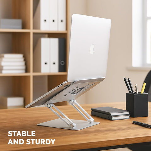 Deflecto Folding Adjustable Height Aluminium Laptop Stand Design' Vented Platform suitable for Laptops up to 17" in Silver