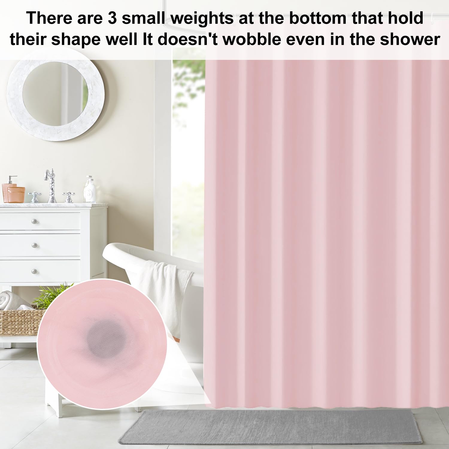 LUKDUNG Bathroom Curtain, 180 x 180 cm, Anti Mildew, Waterproof, Washable, PEVA Shower Curtain with 12 Shower Curtain Rings, Pink