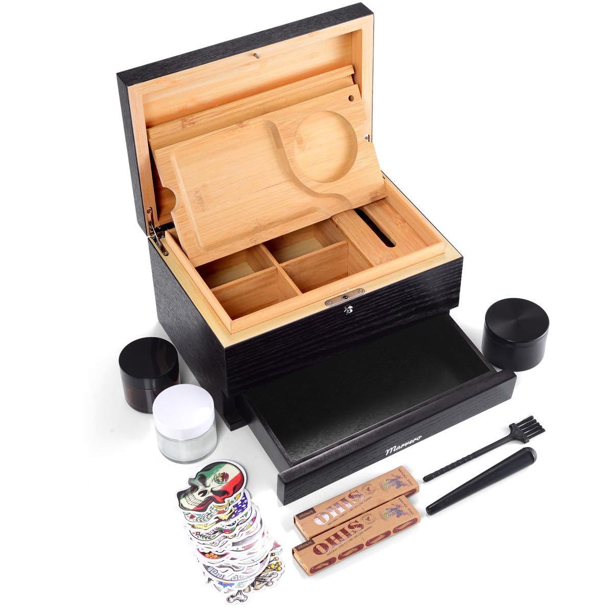 Marvero Large Bamboo Stash Box with Rolling Tray,Black