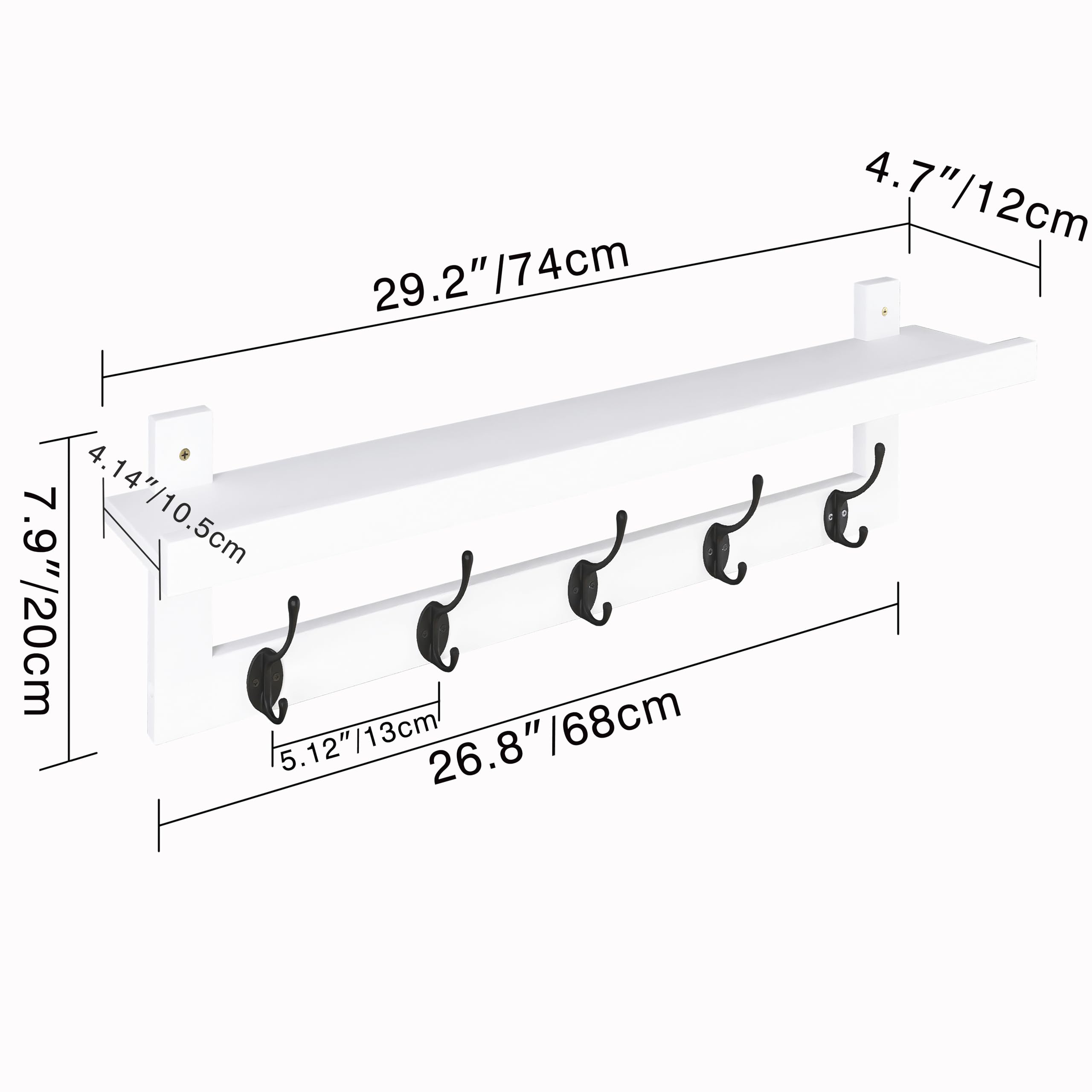 SMIBUY Coat Hooks with Shelf Wall-Mounted, 74 cm Entryway Coat Rack for Wall, Bamboo Hanging Shelf with 5 Double Metal Hooks for Bathroom, Bedroom