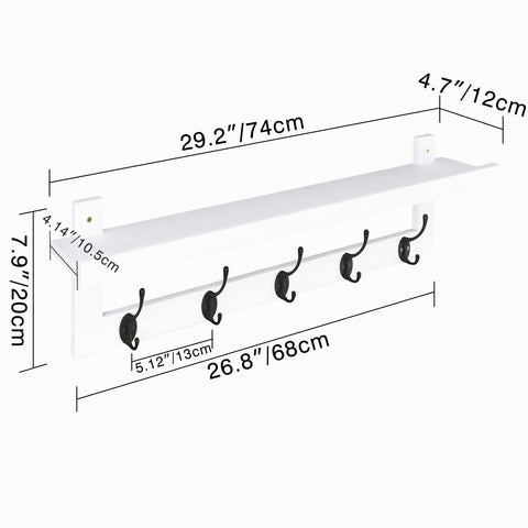 SMIBUY Coat Hooks with Shelf Wall-Mounted, 74 cm Entryway Coat Rack for Wall, Bamboo Hanging Shelf with 5 Double Metal Hooks for Bathroom, Bedroom