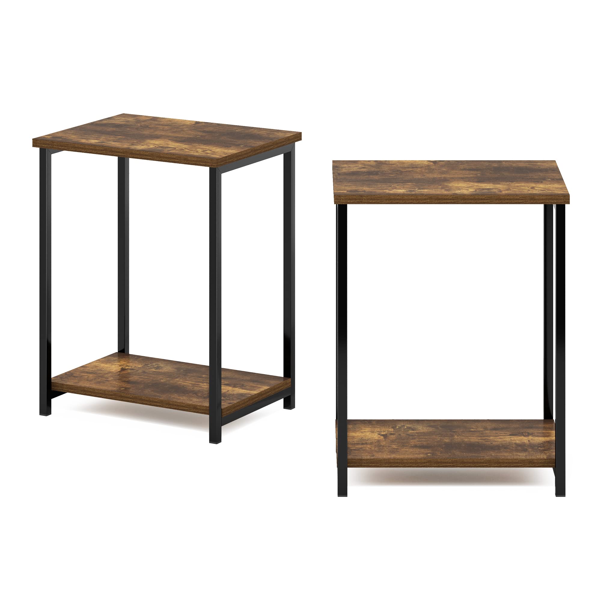 Furinno SIMPLISTIC Side Table Set of 2, 2-Tier Metal Frame End Table with Open Shelf, Night Stand, Bedside Table, for Living Room, Bedroom, Amber Pine