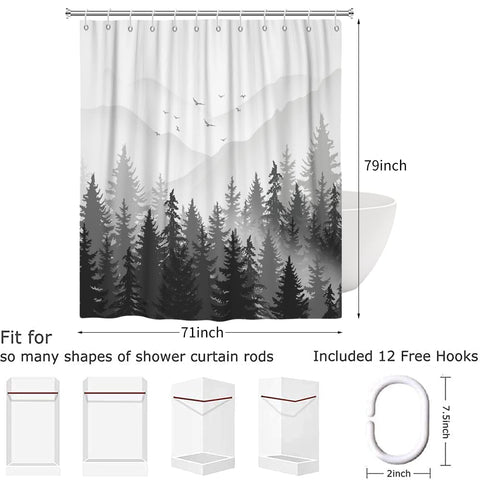 Hnmdmyi Black and White Shower Curtain 180x200, Misty Forest Mountain Ombre Grey Foggy Nature Tree Woodland Landscape Bathroom Curtains Waterproof