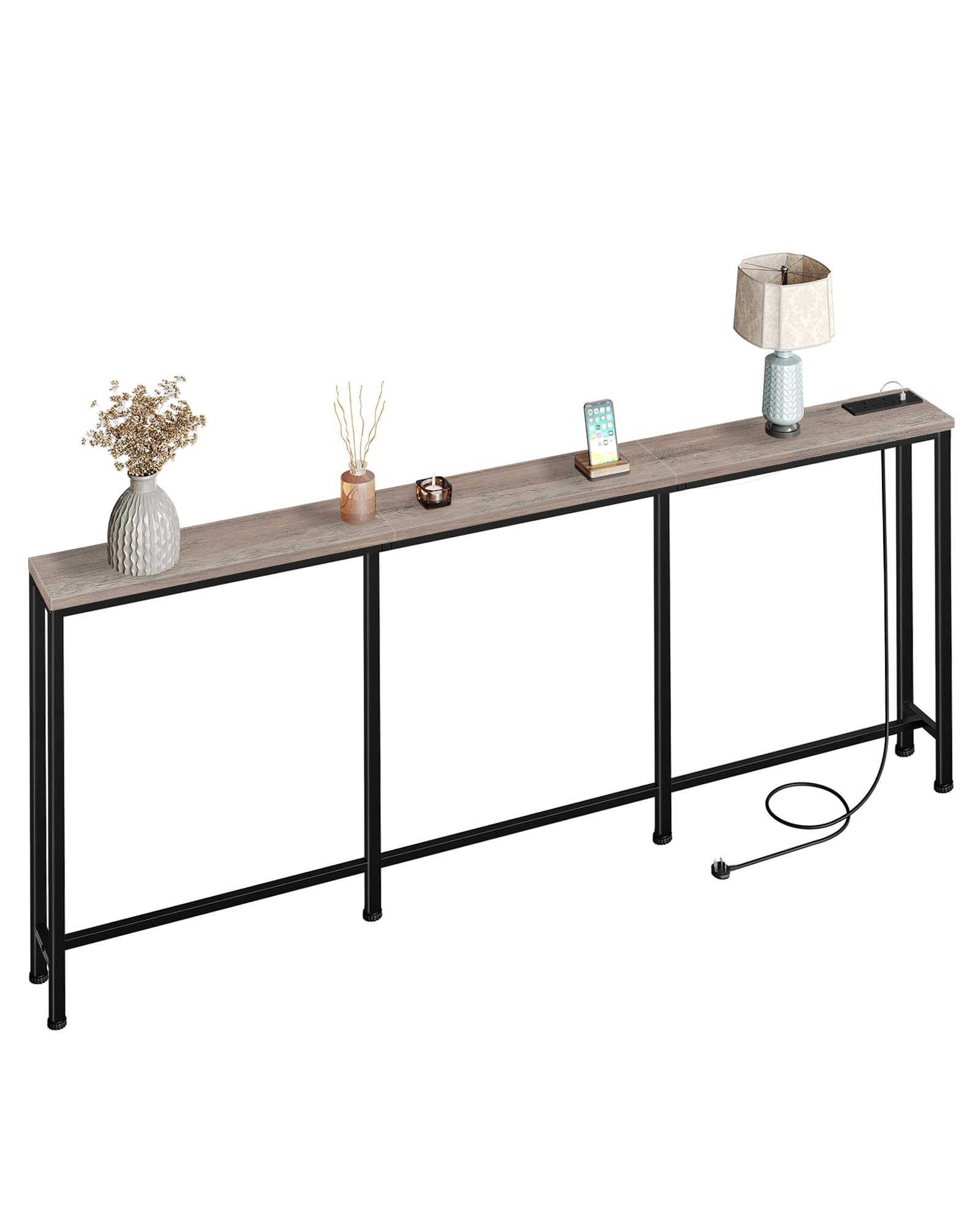 CHOEZON 200 cm Narrow Console Table with Power Outlet, 18 cm Skinny Sofa Table, Long Behind Couch Table with Charging Station