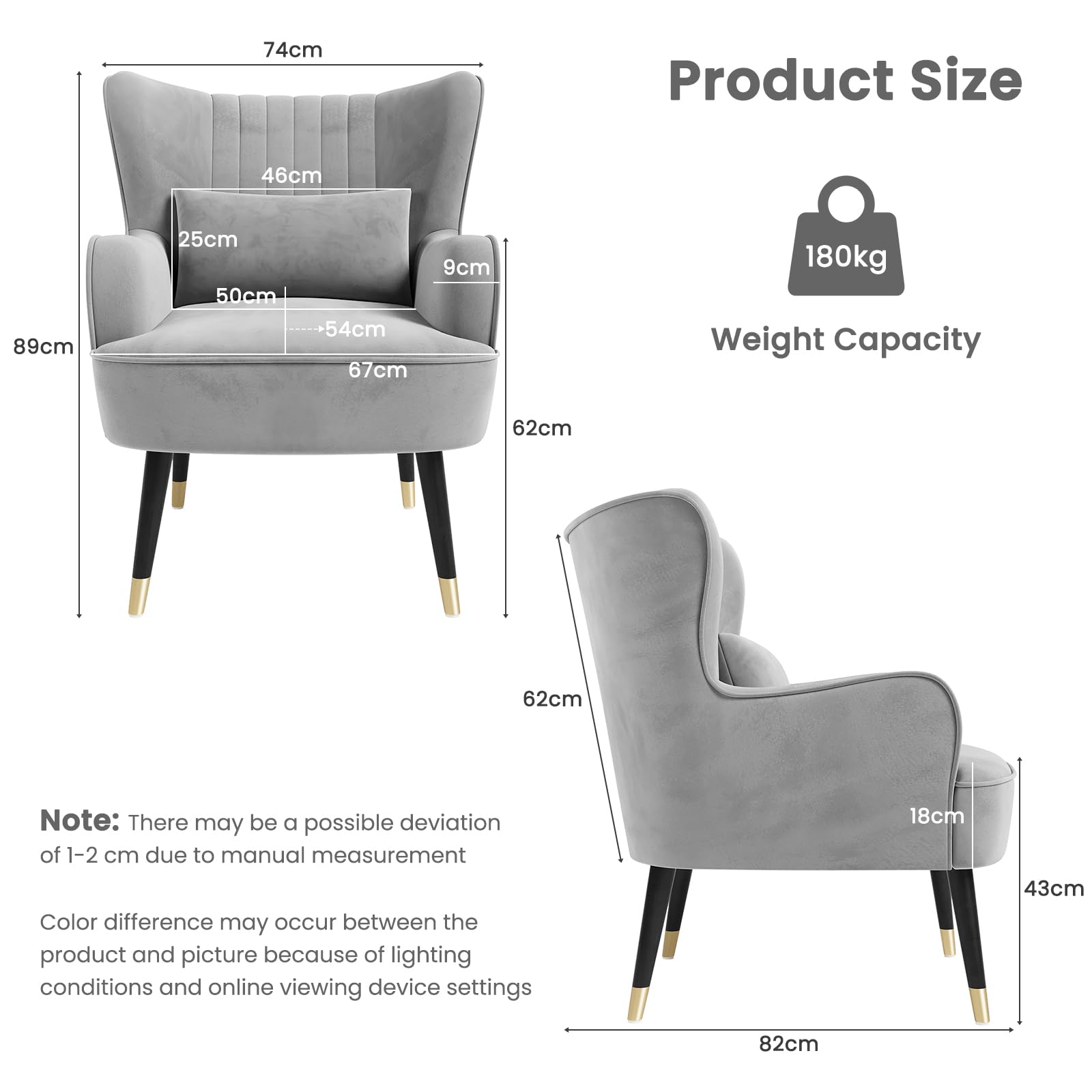 Vesgantti Velvet Accent Chair with Lumbar Pillow, Wing Back Large Armchair