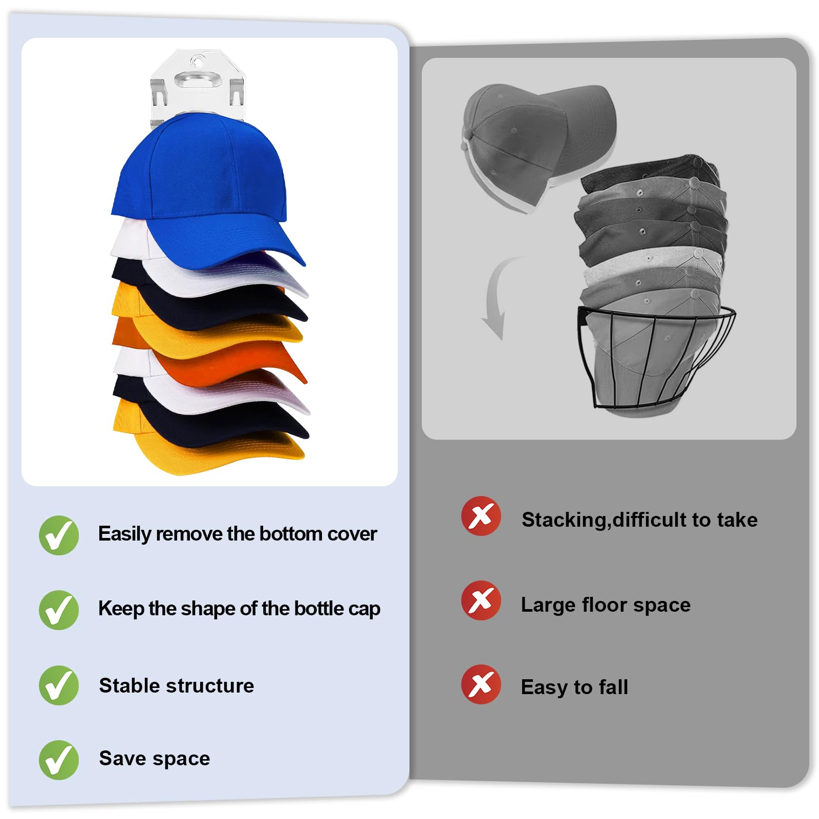 2 Pack Hat Organizer for Baseball Caps, Clear Hats Racks Hooks for Wall