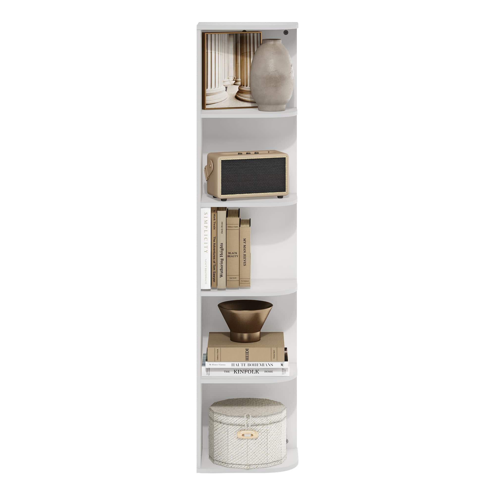 Furinno PASIR Book Shelf, 5-Tier Corner Bookshelf, Open Shelves Bookcase 9.3 x 12 x 51.7, for Living Room, Bedroom, Home Office, White