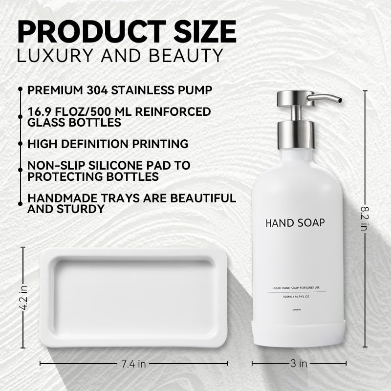 Janxin 2pcs Refillable Liquid Hand Jar Dispenser for Bathroom, Glass Soap Dispenser Bottle with Pump, 500ML, With Ceramic Tray