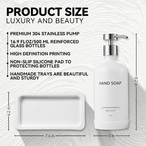 Janxin 2pcs Refillable Liquid Hand Jar Dispenser for Bathroom, Glass Soap Dispenser Bottle with Pump, 500ML, With Ceramic Tray