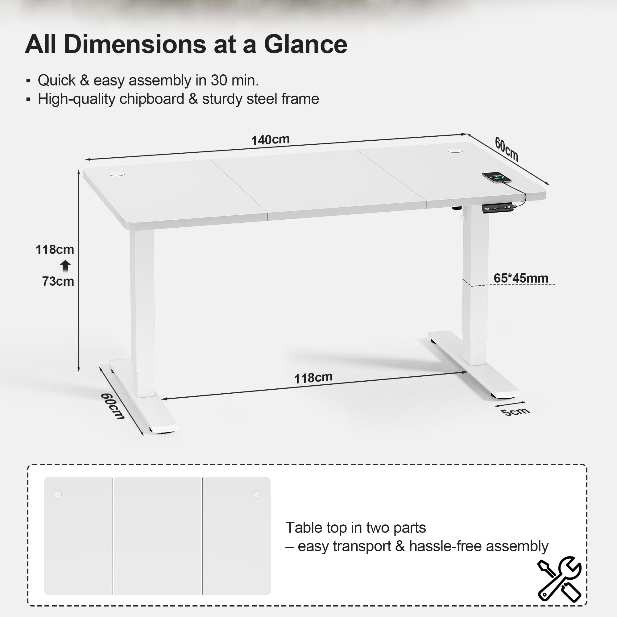 JUMMICO Electric Standing Desk 140x60cm – Height Adjustable with USB Charging, Sedentary Reminder, Memory Heights for Home Office Use, White
