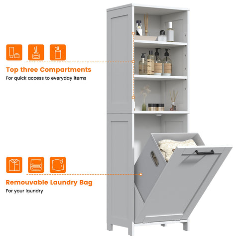 Feonase Compact Bathroom Cabinet with Detachable Laundry Hamper, Narrow Freestanding Storage Unit with 3 Open Shelves for Bathroom, Laundry Room